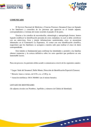 LISTADO | Senamecf emite llamado urgente a familiares de víctimas del sismo del pasado 24 de junio