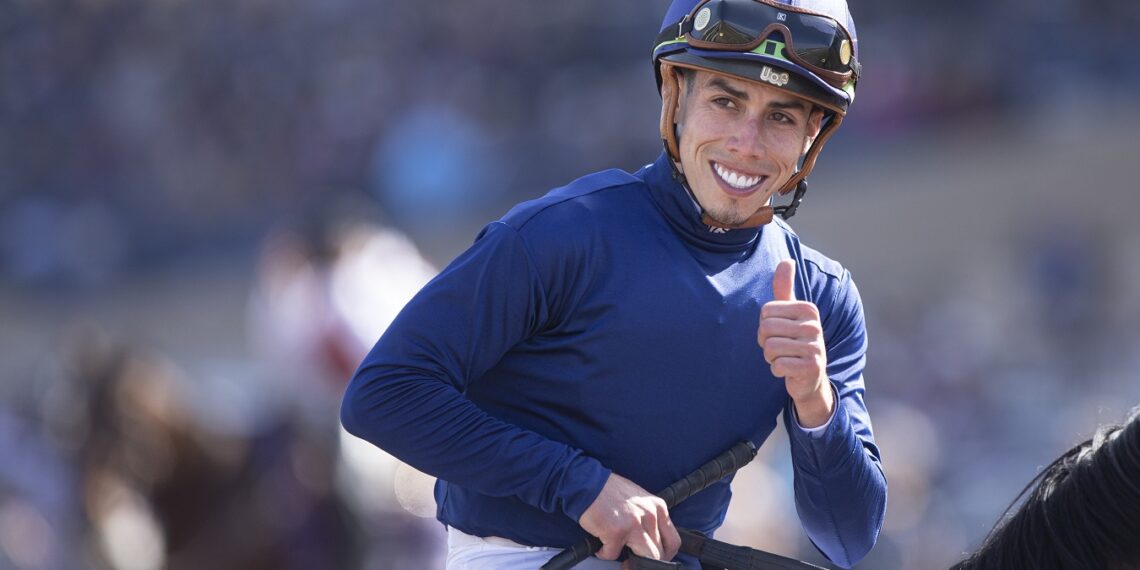 Irad Ortiz Jr. celebrates after Golden Pal won the Breeders' Cup Turf Sprint at Del Mar Thoroughbred Club on Nov. 6, 2021.